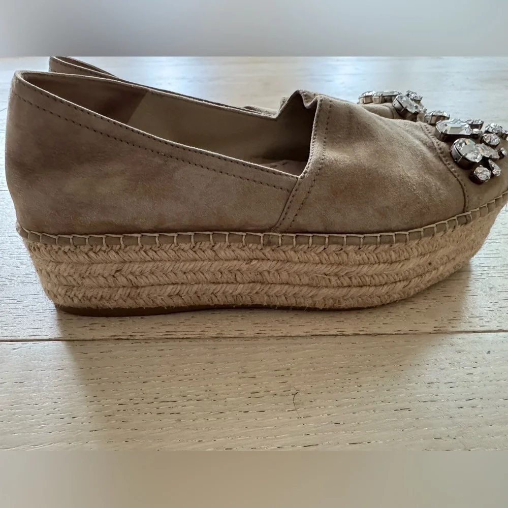 Miu Miu Beige Nubuck Embellished Platform Espadrilles 41/ 10.5